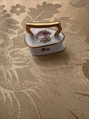 Limoges White Porcelain Iron and trunk with Gold Handle and Pink Floral